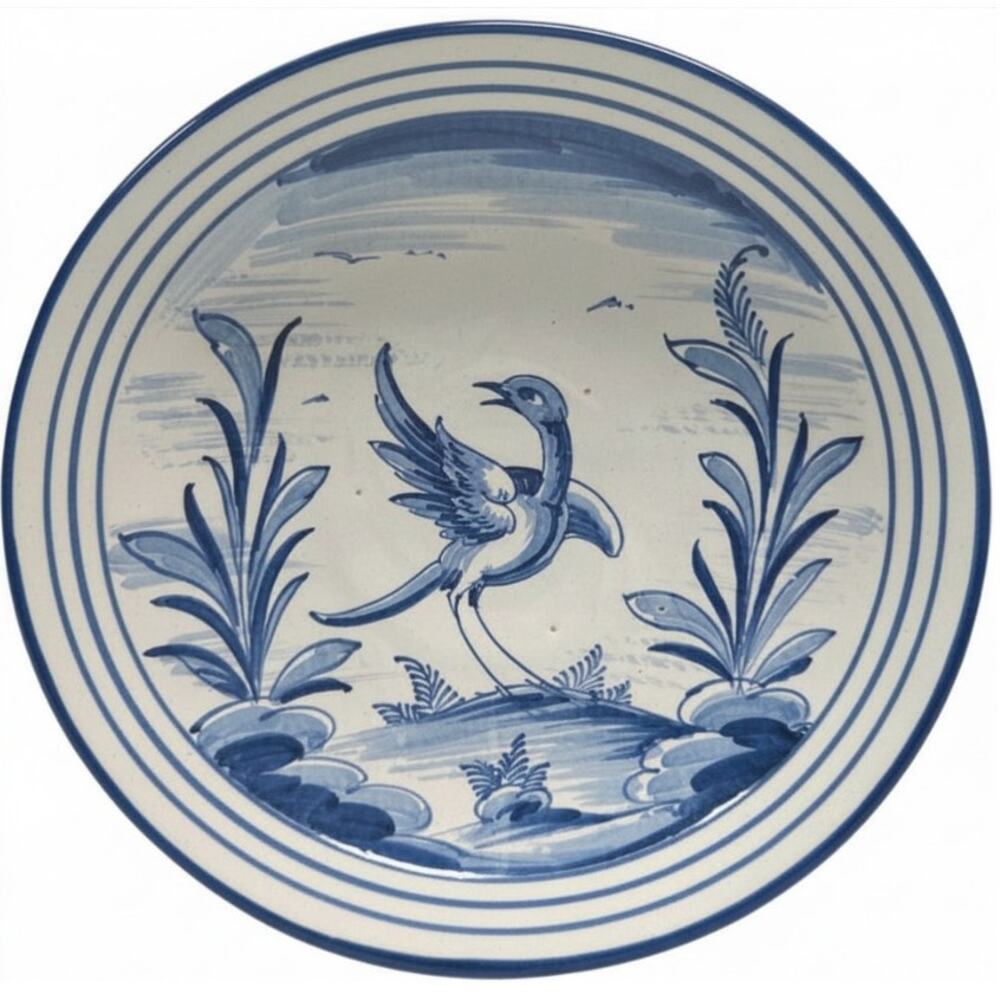 Blue White Talavera Bird Plate 9” Signed Wall Decor Mexican Style Vintage